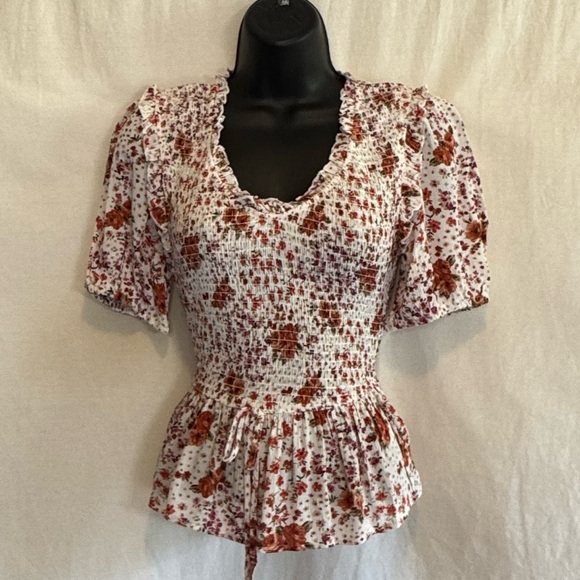 Kingston Floral Smocked Blouse - White and Red - Picture 1 of 16
